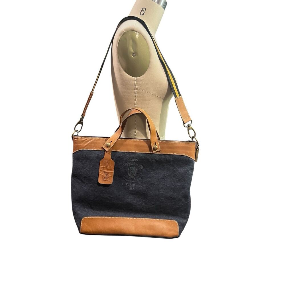 Le Papillon Navy Blue Canvas & Leather Farmhouse Farmers Market Tote Bags Purse